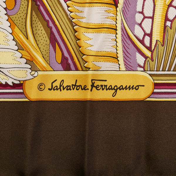 サルヴァトーレフェラガモ トラ ヒョウ ボタニカル柄 スカーフ カーキ マルチカラー シルク レディース Salvatore Ferragamo 【中古】