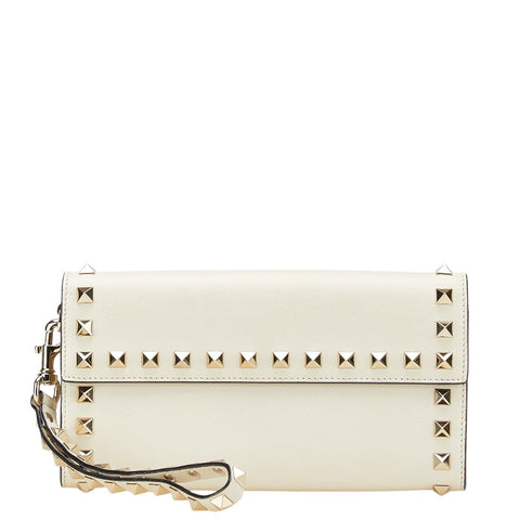 ヴァレンティノ ロックスタッズ 長財布 ホワイト レザー レディース VALENTINO 【中古】