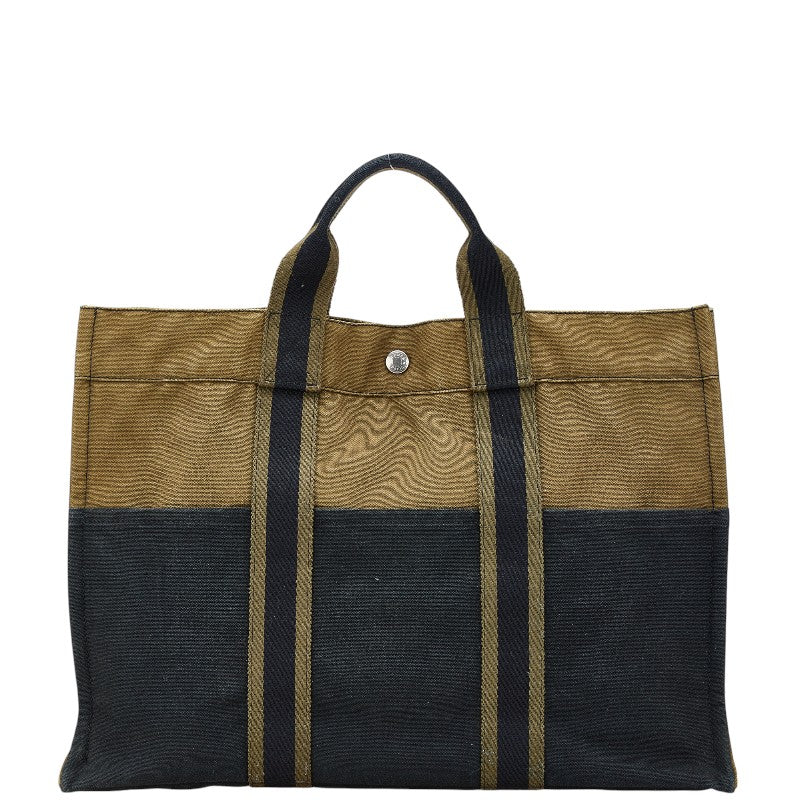 エルメス フールトゥMM ハンドバッグ トートバッグ カーキグリーン ネイビー キャンバス レディース HERMES 【中古】
