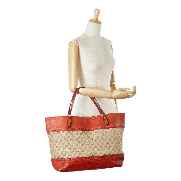グッチ GGキャンバス バンブー トートバッグ 339000 ベージュ オレンジ キャンバス レザー レディース GUCCI 【中古】