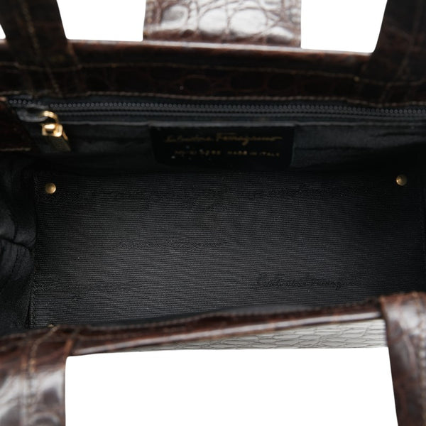 サルヴァトーレフェラガモ ヴァラ クロコ型押し ハンドバッグ AQ-21 8252 ブラウン レザー レディース Salvatore Ferragamo 【中古】