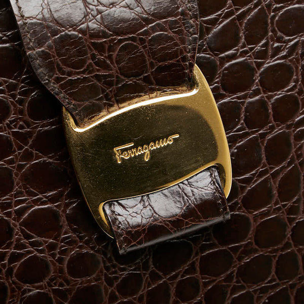 サルヴァトーレフェラガモ ヴァラ クロコ型押し ハンドバッグ AQ-21 8252 ブラウン レザー レディース Salvatore Ferragamo 【中古】