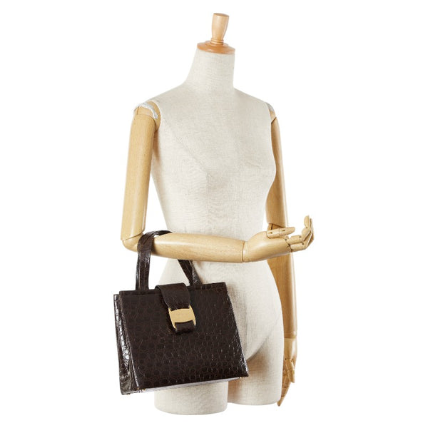 サルヴァトーレフェラガモ ヴァラ クロコ型押し ハンドバッグ AQ-21 8252 ブラウン レザー レディース Salvatore Ferragamo 【中古】