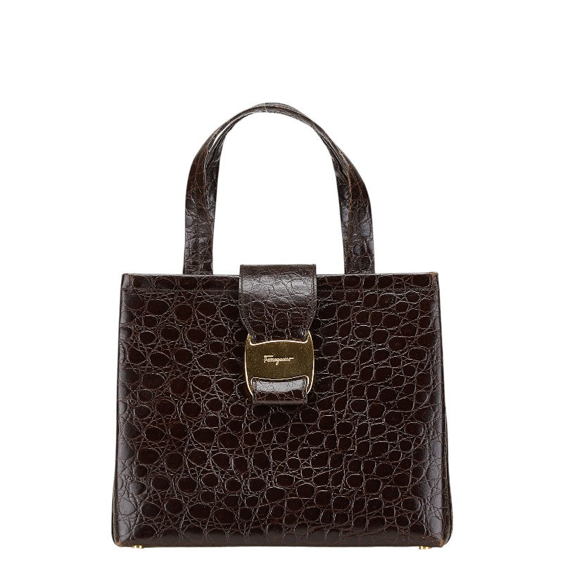 サルヴァトーレフェラガモ ヴァラ クロコ型押し ハンドバッグ AQ-21 8252 ブラウン レザー レディース Salvatore Ferragamo 【中古】