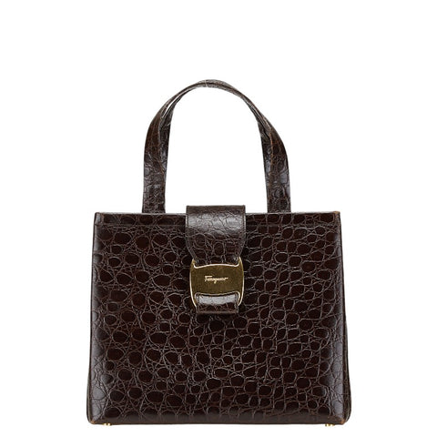 サルヴァトーレフェラガモ ヴァラ クロコ型押し ハンドバッグ AQ-21 8252 ブラウン レザー レディース Salvatore Ferragamo 【中古】