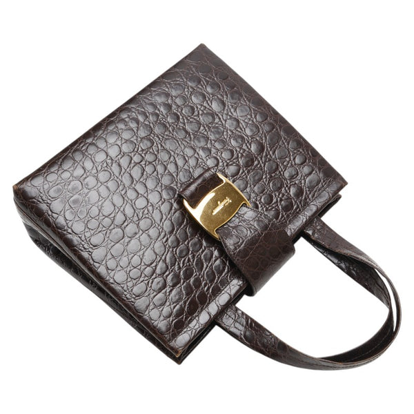 サルヴァトーレフェラガモ ヴァラ クロコ型押し ハンドバッグ AQ-21 8252 ブラウン レザー レディース Salvatore Ferragamo 【中古】