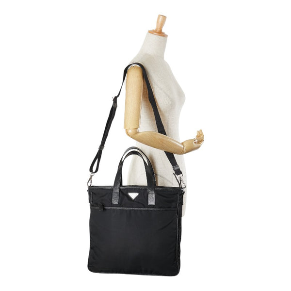 プラダ 三角ロゴプレート トートバッグ ショルダーバッグ 2WAY 2VG033 ブラック ナイロン レザー レディース PRADA 【中古】