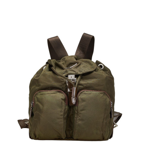 プラダ 三角ロゴプレート リュック バックパック カーキグリーン ナイロン レザー レディース PRADA 【中古】