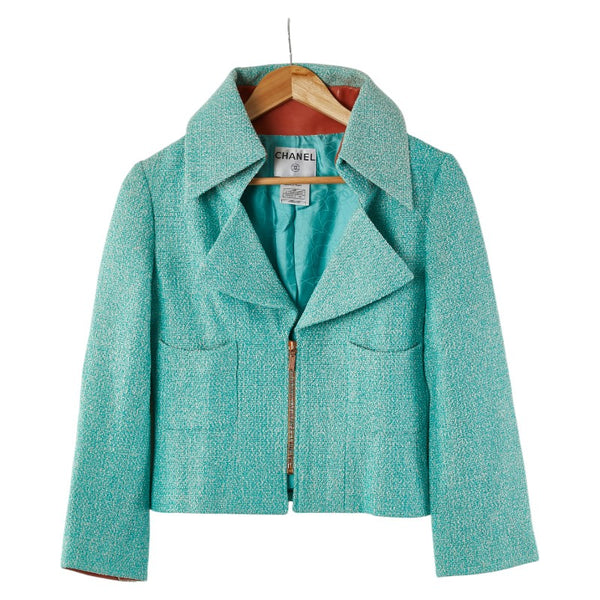 シャネル ジップアップジャケット ツイード サイズ：38 エメラルドグリーン コットン レーヨン レディース CHANEL 【中古】