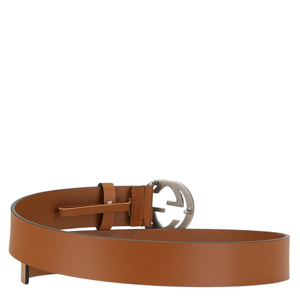 グッチ インターロッキングG ベルト 85.34 546389 ブラウン シルバー レザー メタル メンズ GUCCI 【中古】