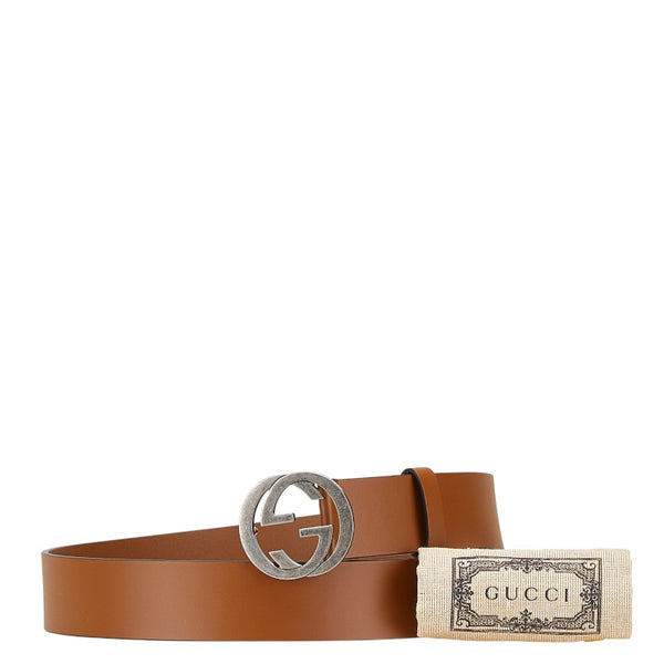 グッチ インターロッキングG ベルト 85.34 546389 ブラウン シルバー レザー メタル メンズ GUCCI 【中古】