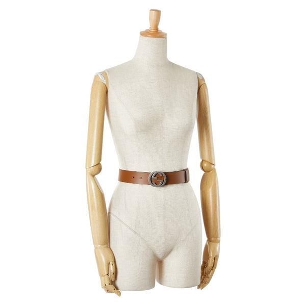 グッチ インターロッキングG ベルト 85.34 546389 ブラウン シルバー レザー メタル メンズ GUCCI 【中古】