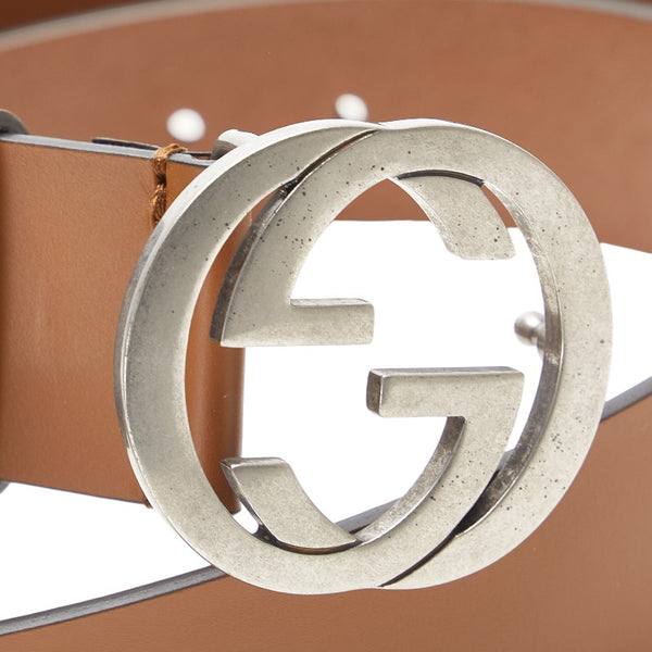 グッチ インターロッキングG ベルト 90.36 546389 ブラウン シルバー レザー メタル メンズ GUCCI 【中古】