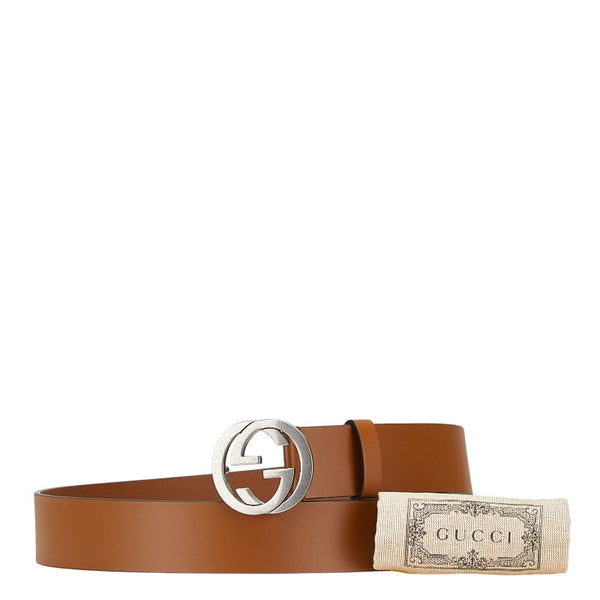 グッチ インターロッキングG ベルト 90.36 546389 ブラウン シルバー レザー メタル メンズ GUCCI 【中古】