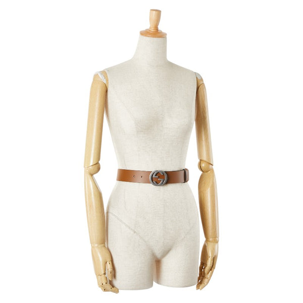 グッチ インターロッキングG ベルト 90.36 546389 ブラウン シルバー レザー メタル メンズ GUCCI 【中古】