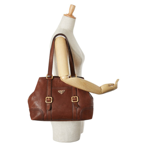 プラダ 三角ロゴプレート ハンドバッグ トートバッグ ブラウン レザー レディース PRADA 【中古】
