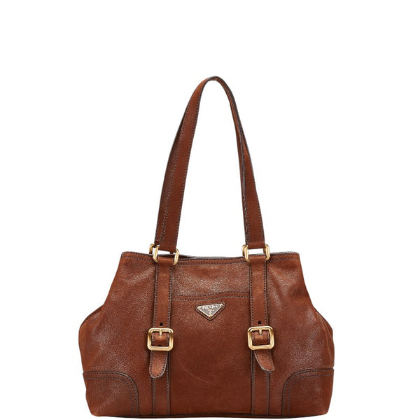 プラダ 三角ロゴプレート ハンドバッグ トートバッグ ブラウン レザー レディース PRADA 【中古】