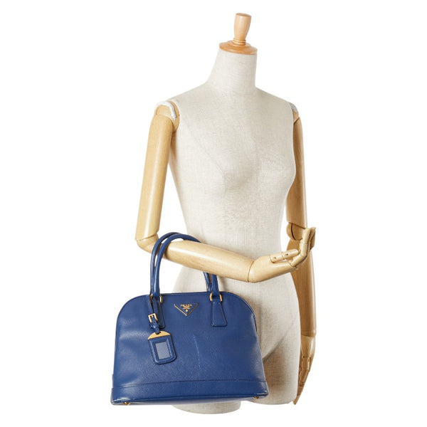 プラダ 三角ロゴプレート サフィアーノ ハンドバッグ ブルー レザー レディース PRADA 【中古】