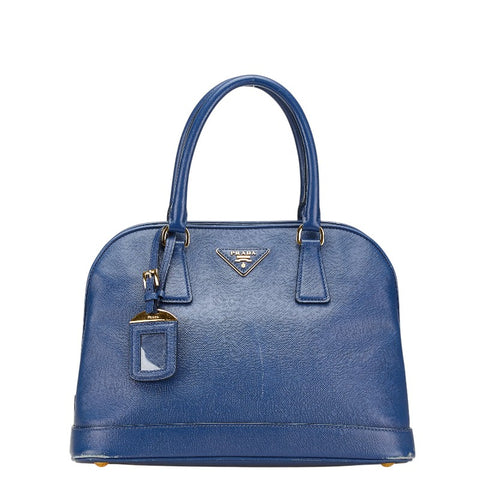 プラダ 三角ロゴプレート サフィアーノ ハンドバッグ ブルー レザー レディース PRADA 【中古】