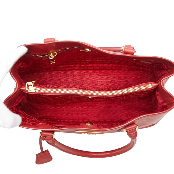 プラダ サフィアーノ ガレリア 三角ロゴプレート ハンドバッグ BN1874 レッド レザー レディース PRADA 【中古】
