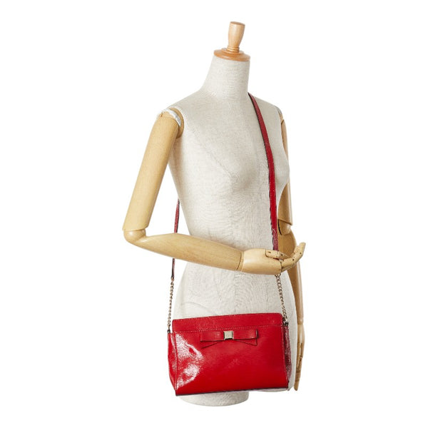 ケイトスペード リボン 斜め掛け チェーン ショルダーバッグ レッド エナメル レディース Kate Spade 【中古】