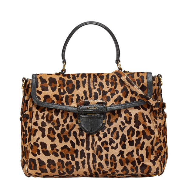 プラダ ロゴ レオパード ハンドバッグ ショルダーバッグ 2WAY ブラウン ハラコ レザー スエード レディース PRADA 【中古】