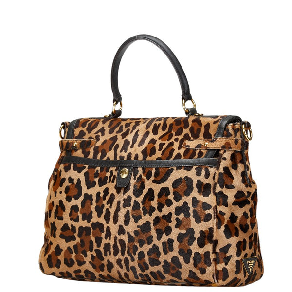 プラダ ロゴ レオパード ハンドバッグ ショルダーバッグ 2WAY ブラウン ハラコ レザー スエード レディース PRADA 【中古】