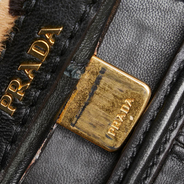 プラダ ロゴ レオパード ハンドバッグ ショルダーバッグ 2WAY ブラウン ハラコ レザー スエード レディース PRADA 【中古】