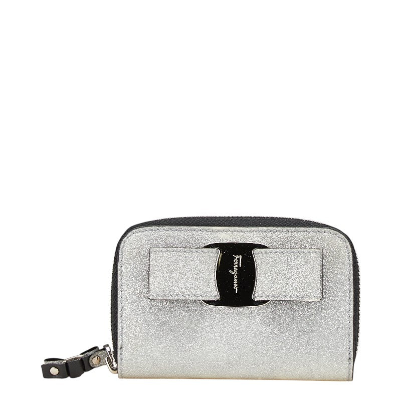 サルヴァトーレフェラガモ ヴァラリボン ラメ コインケース シルバー ブラック グリッターキャンバス レザー レディース Salvatore Ferragamo 【中古】