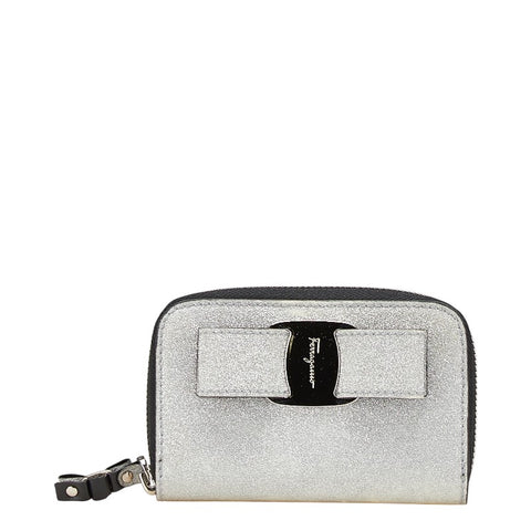 サルヴァトーレフェラガモ ヴァラリボン ラメ コインケース シルバー ブラック グリッターキャンバス レザー レディース Salvatore Ferragamo 【中古】