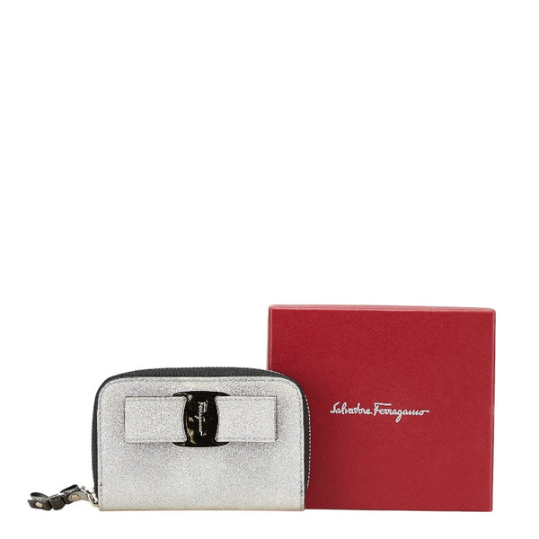 サルヴァトーレフェラガモ ヴァラリボン ラメ コインケース シルバー ブラック グリッターキャンバス レザー レディース Salvatore Ferragamo 【中古】