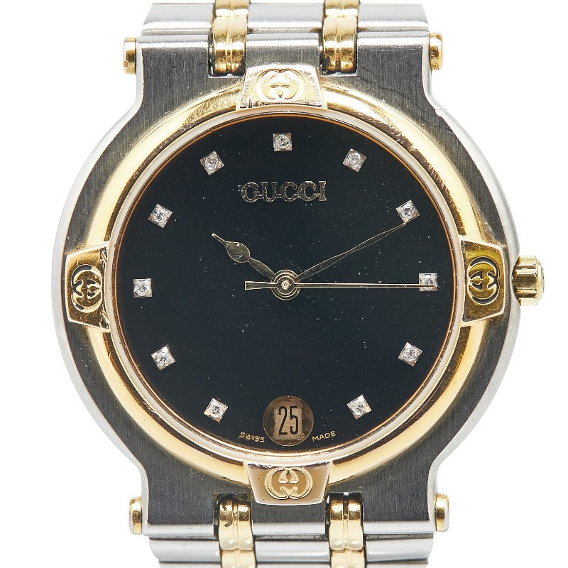 グッチ 11Pダイヤ 腕時計 9000M クオーツ ブラック文字盤 ステンレススチール メッキ レディース GUCCI 【中古】