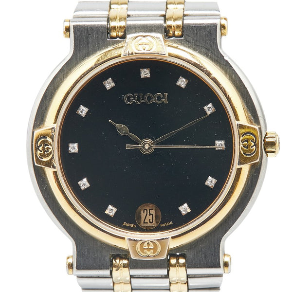 グッチ 11Pダイヤ 腕時計 9000M クオーツ ブラック文字盤 ステンレススチール メッキ レディース GUCCI 【中古】