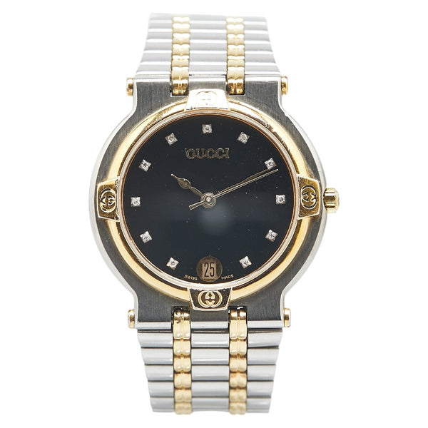 グッチ 11Pダイヤ 腕時計 9000M クオーツ ブラック文字盤 ステンレススチール メッキ レディース GUCCI 【中古】