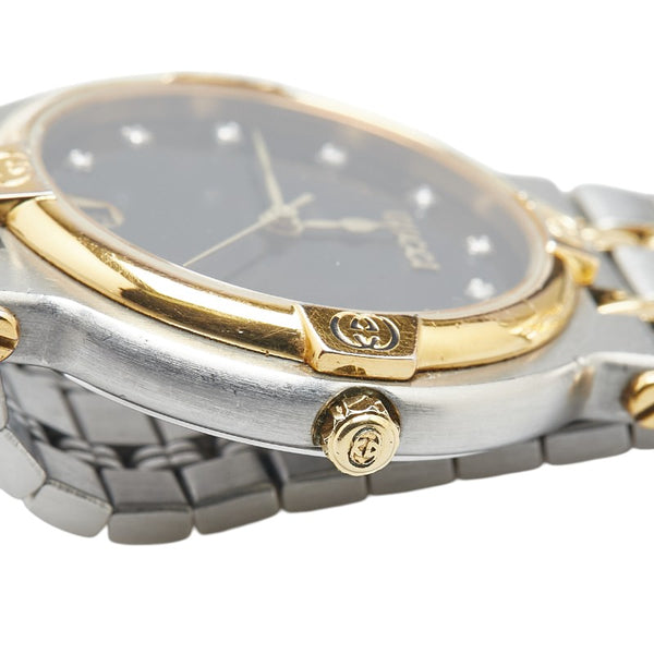 グッチ 11Pダイヤ 腕時計 9000M クオーツ ブラック文字盤 ステンレススチール メッキ レディース GUCCI 【中古】