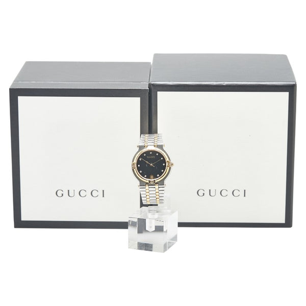 グッチ 11Pダイヤ 腕時計 9000M クオーツ ブラック文字盤 ステンレススチール メッキ レディース GUCCI 【中古】