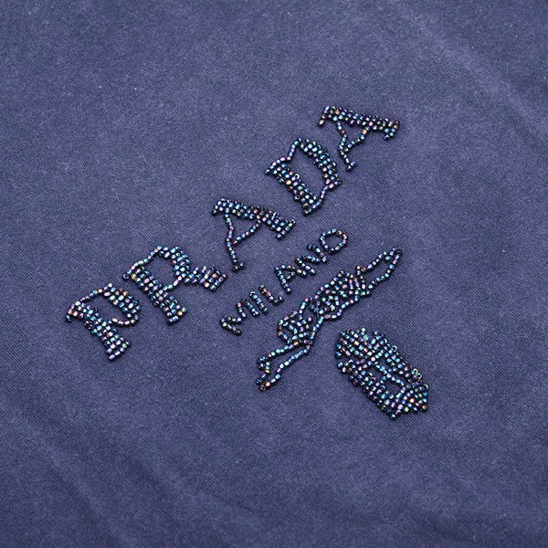 プラダ ロゴ ビーズ ビジュー Tシャツ サイズ：M ネイビー コットン メンズ PRADA 【中古】