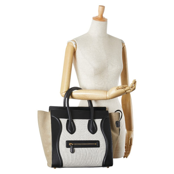 セリーヌ ラゲージ ミニショッパー ハンドバッグ ブラック グレージュ ホワイト レザー キャンバス スウェード レディース CELINE 【中古】