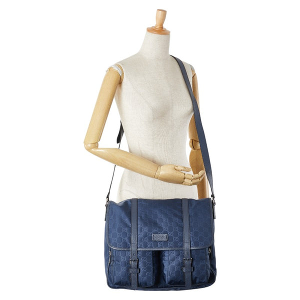 グッチ GGナイロン 斜め掛け ショルダーバッグ メッセンジャーバッグ 387070 ネイビー ナイロン レザー レディース GUCCI 【中古】