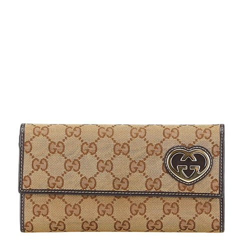 グッチ GGキャンバス ラブリーハート 長財布 251861 ベージュ ブラウン キャンバス レザー レディース GUCCI 【中古】