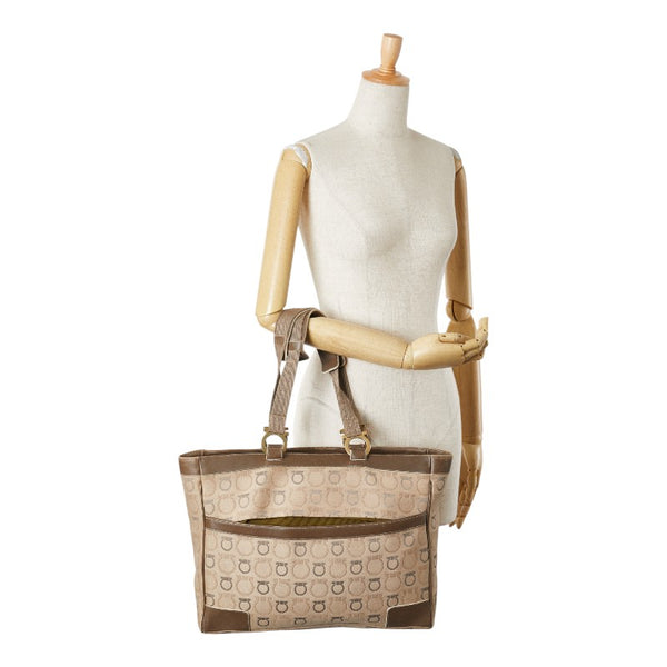 サルヴァトーレフェラガモ ガンチーニ トートバッグ AF-21 5372 ベージュ ブラウン キャンバス レザー レディース Salvatore Ferragamo 【中古】