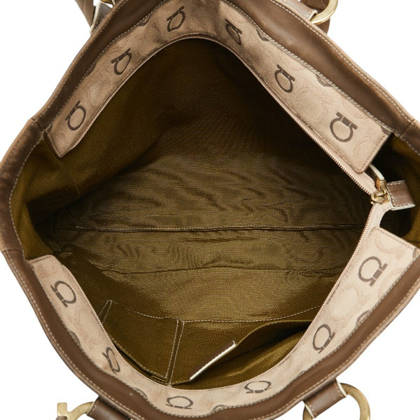 サルヴァトーレフェラガモ ガンチーニ トートバッグ AF-21 5372 ベージュ ブラウン キャンバス レザー レディース Salvatore Ferragamo 【中古】