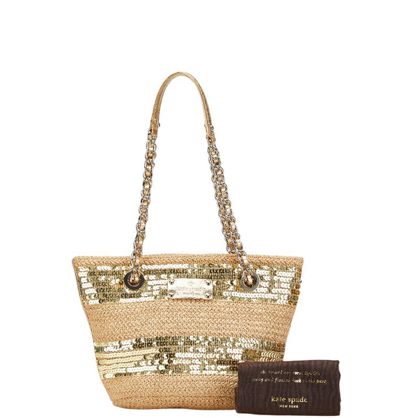 ケイトスペード スパンコール チェーン ハンドバッグ ベージュ ゴールド 麻・リネン レザー レディース Kate Spade 【中古】