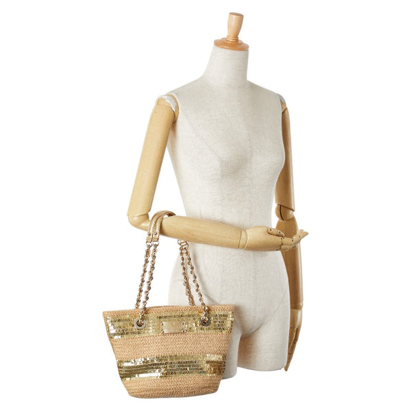 ケイトスペード スパンコール チェーン ハンドバッグ ベージュ ゴールド 麻・リネン レザー レディース Kate Spade 【中古】