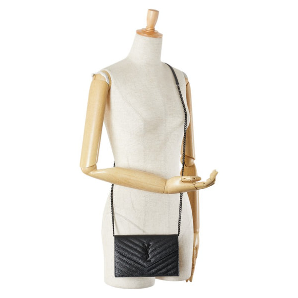 サンローラン YSLロゴ エンベローブ チェーンウォレット ショルダーバッグ ブラック レザー レディース SAINT LAURENT 【中古】