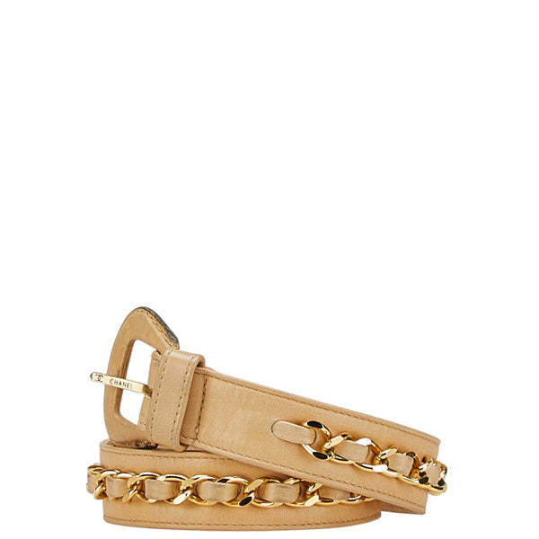 シャネル チェーン ベルト 65/26 ベージュ レザー レディース CHANEL 【中古】