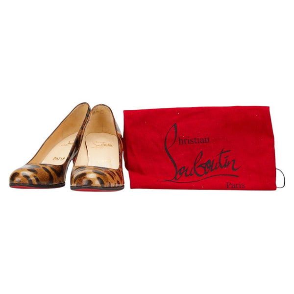 クリスチャンルブタン レオパード ヒョウ柄 パンプス ヒール サイズ:37 1/2 ブラウン レザー レディース Christian Louboutin 【中古】