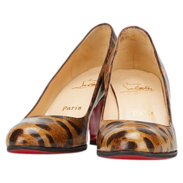 クリスチャンルブタン レオパード ヒョウ柄 パンプス ヒール サイズ:37 1/2 ブラウン レザー レディース Christian Louboutin 【中古】