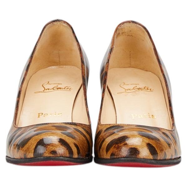 クリスチャンルブタン レオパード ヒョウ柄 パンプス ヒール サイズ:37 1/2 ブラウン レザー レディース Christian Louboutin 【中古】