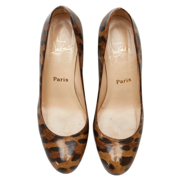 クリスチャンルブタン レオパード ヒョウ柄 パンプス ヒール サイズ:37 1/2 ブラウン レザー レディース Christian Louboutin 【中古】